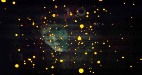 Glowing Cyber Network Nebula with Amber Nodes and Teal Particle Cloud Floating in Dark Void