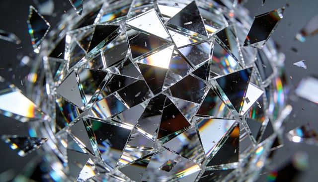 Shattered mirror globe with triangular prism shards reflecting rainbow light
