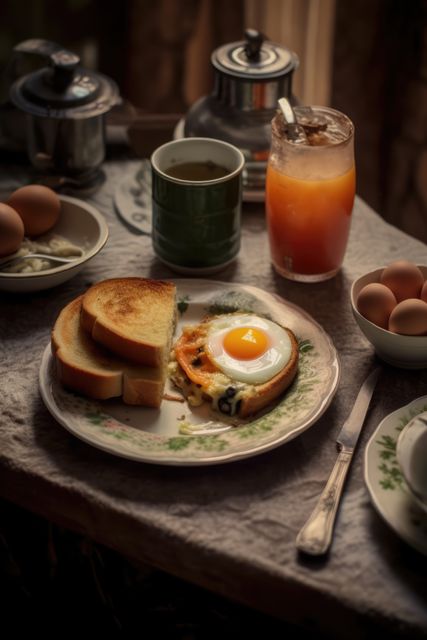Delicious traditional breakfast featuring perfectly cooked fried egg with runny yolk, crispy toast, refreshing orange juice, and hot coffee set on a rustic table. Ideal for food blog illustrations, breakfast menu designs, culinary articles, or advertisements promoting healthy morning meals.