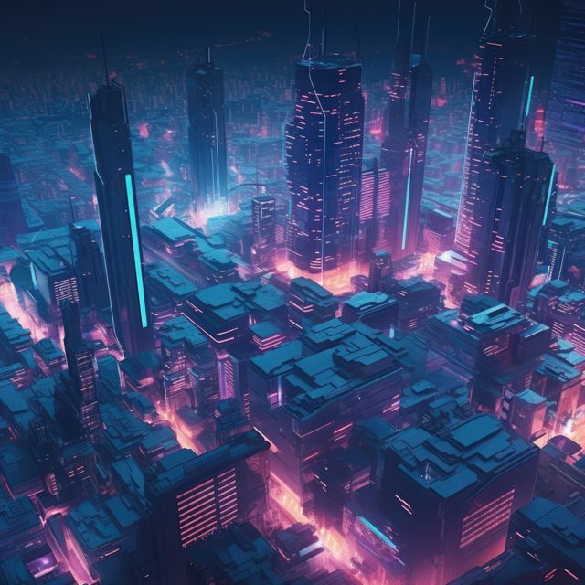 Skyscrapers and purple neon lights at night in cityscape, created using generative ai technology. Sci fi, cyberpunk, fantasy architecture and futuristic city concept digitally generated image.