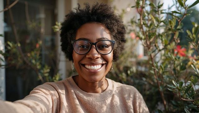 Smiling woman taking selfie on sunny balcony wearing glasses and beige sweater, greenery