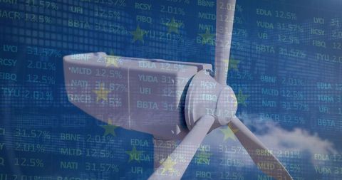 Digital rendering of wind turbine and financial data overlay