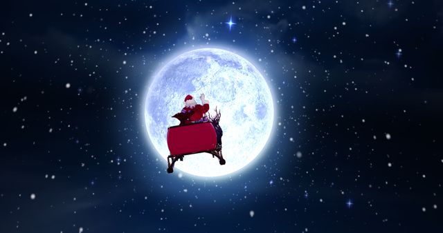 Santa Claus Riding Sleigh in Moonlit Sky with Falling Snow - Download Free Stock Images Pikwizard.com