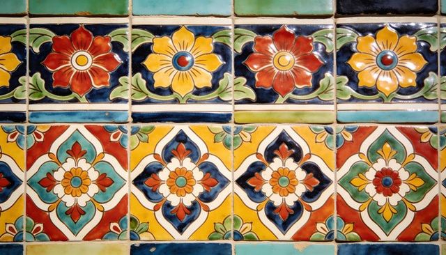 Displaying colorful talavera ceramic wall tiles with floral and geometric motifs