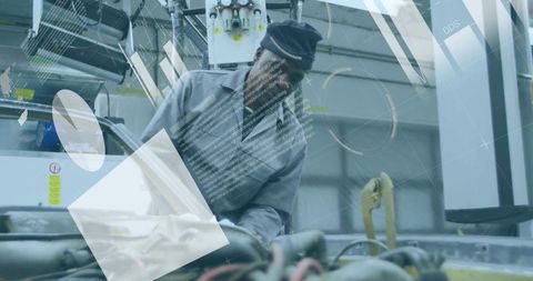 Mechanic inspecting engine with futuristic diagnostic interface