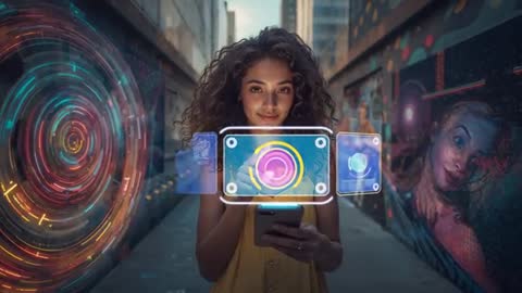 Woman tapping smartphone projecting holographic AR interface in neon graffiti alley