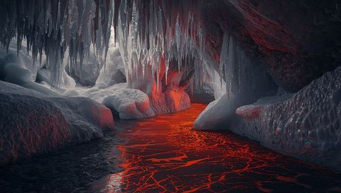 Ethereal ice cave with red surreal water reflection