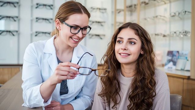 Optician assisting customer choosing eyeglasses at optical store
