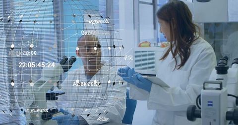 Scientists collaborating on holographic data analysis in modern lab