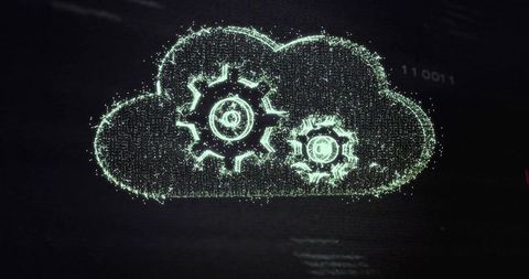 Glowing Cloud Computing Icon with Gear Hologram and Binary Code