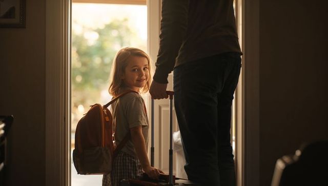 Young girl leaving home with backpack and rolling suitcase at sunlit doorway