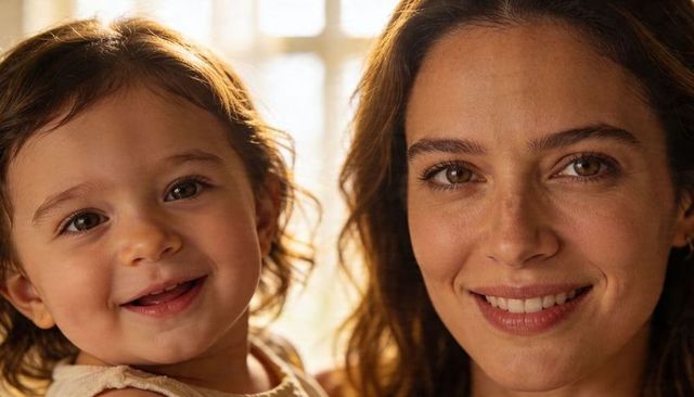 Sunlit mother and toddler smiling closeup capturing warm parent-child bond