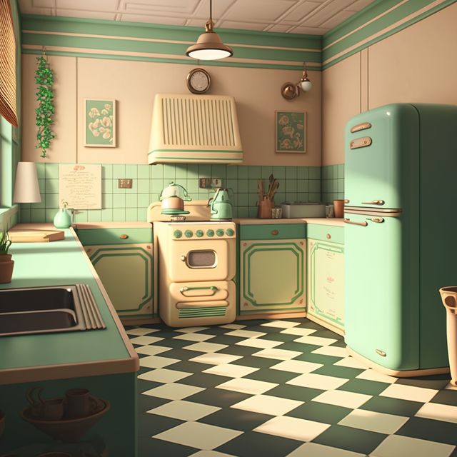 Charming vintage kitchen featuring mint green appliances, checkered floor, and retro furnishings. Ideal for advertising home decor products, real estate listings, lifestyle blogs, or themed restaurant marketing.