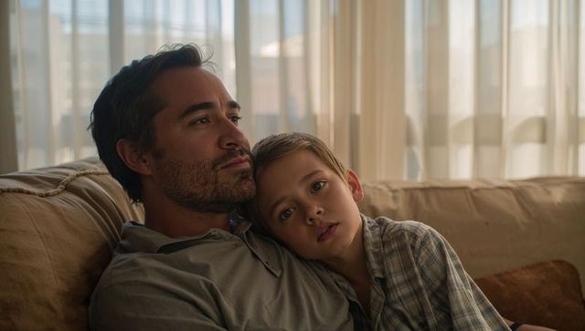 Father and Son Relaxing on Couch in Sunlit Living Room, Tender Quiet Family Moment