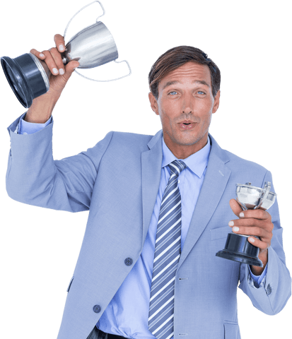 Transparent celebratory businessman holding dual trophies