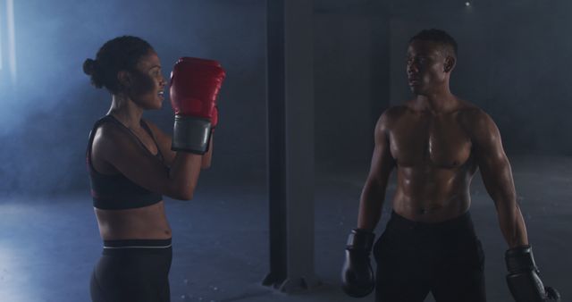 Male and Female Boxers Training Together in Gym with Fog - Download Free Stock Images Pikwizard.com