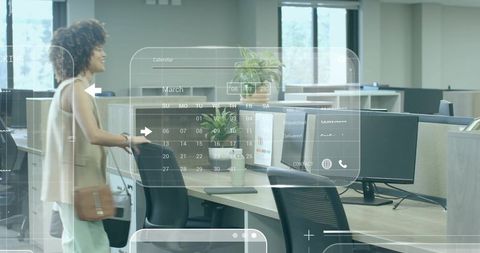 Person Navigates Modern Workplace with Digital Enhancements