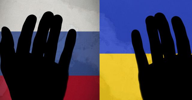 Silhouette of hands creating loops against backgrounds depicting the Russian and Ukrainian flags highlights themes of conflict, crisis, and political tension. Use for articles, presentations, and discussions related to international relations, invasion, and the ongoing Ukraine crisis.
