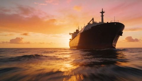Sunset-lit cargo tanker cruising ocean horizon with silhouette bow and golden reflections