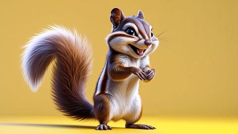 Cheerful cartoon chipmunk with fluffy tail on yellow