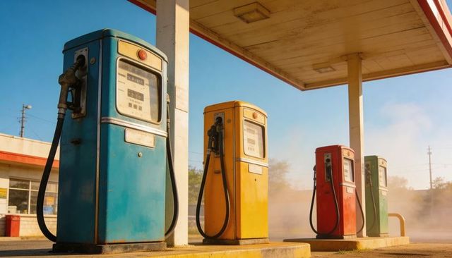 Colorful vintage gas pumps standing under canopy on sunlit forecourt