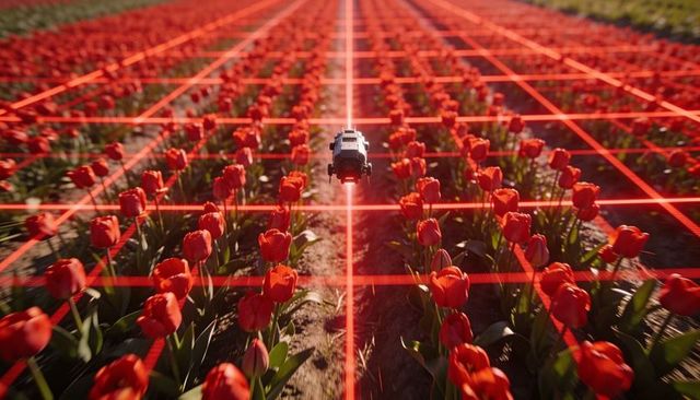 Autonomous drone scanning tulip field with red laser grid for precision farming