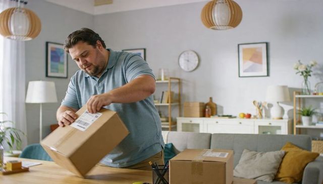 Man Reading Shipping Label While Handling Parcel in Bright Scandinavian Living Room