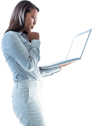Transparent background of businesswoman using laptop thoughtfully