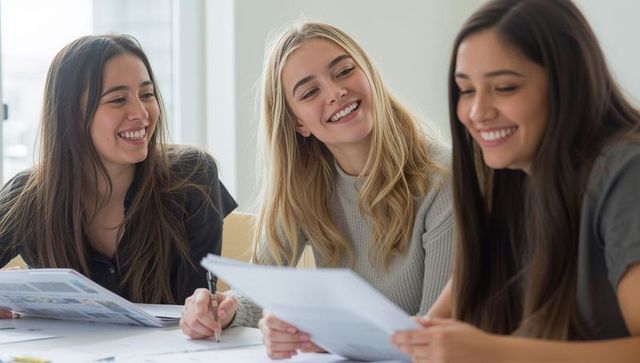 Three young women collaborating over documents and notes in bright sunlit study workspace