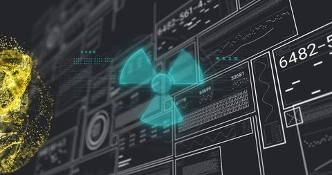 Radiation hazard symbol over data interface showing digital safety alert