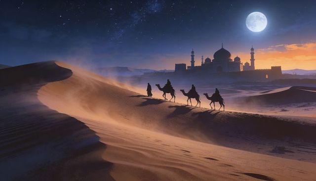 Caravan crossing moonlit desert toward silhouetted mosque under full moon