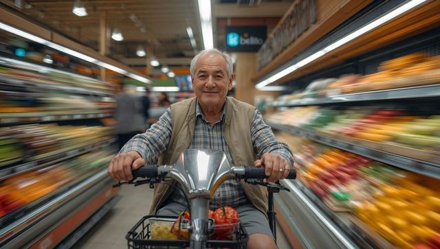 Senior man riding mobility scooter through supermarket produce aisle with basket of tomatoes