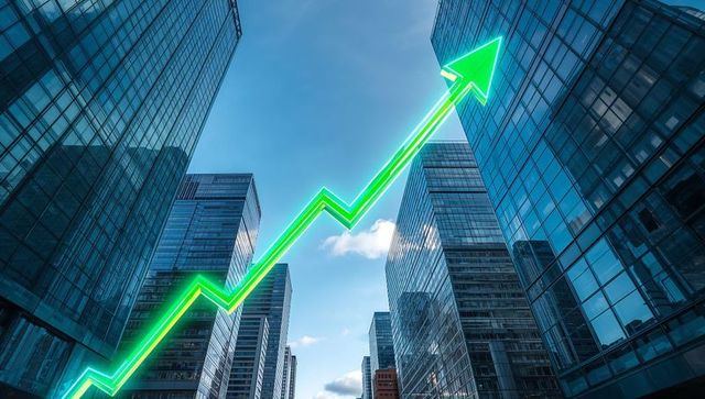 Neon green growth arrow rising over urban glass skyscrapers signaling business momentum