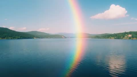 Vibrant Rainbow Reflecting on Tranquil Lake and Forested Hills