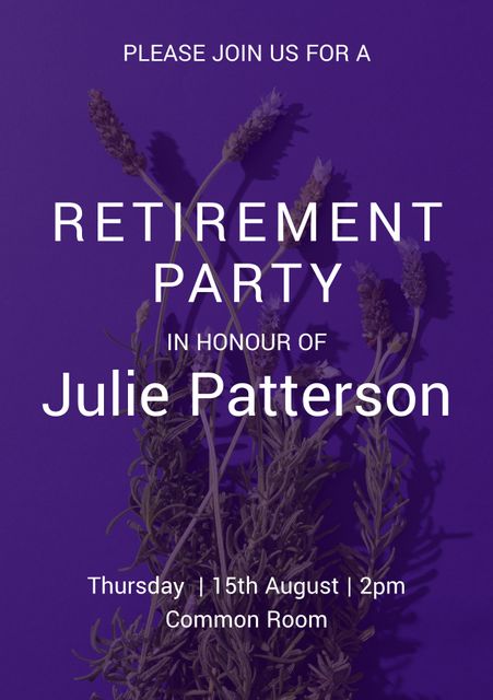 Stylish invitation perfect for celebrating a retirement milestone in an elegant fashion. Featuring a lavender floral design on a purple background. Ideal for digital or printed invitations for retirement parties. Great for creating a sophisticated atmosphere.