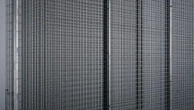Stacked Welded Wire Mesh Panels with Steel Support Posts Showing Grid Texture Pattern