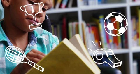 Boy reading book with sports doodles in home library for study and motivation