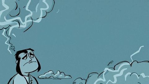 Man expressing melancholy amid swirling smoke on muted blue background