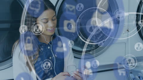 Smiling Woman Listening to Music in Laundromat with Digital Graphics