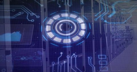 Data center server racks featuring holographic HUD overlay displaying neon circuitry