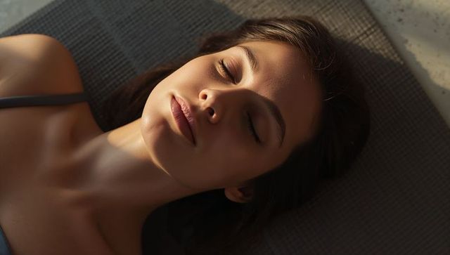 Sunlit woman resting on patio mat, serene closeup poolside relaxation
