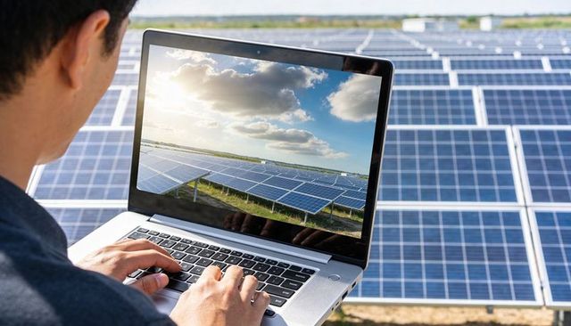 Solar Technician Monitoring Large Photovoltaic Array Performance on Laptop in Field Site
