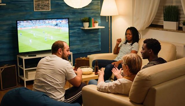 Friends cheering during evening soccer watch party in cozy living room with snacks and drinks