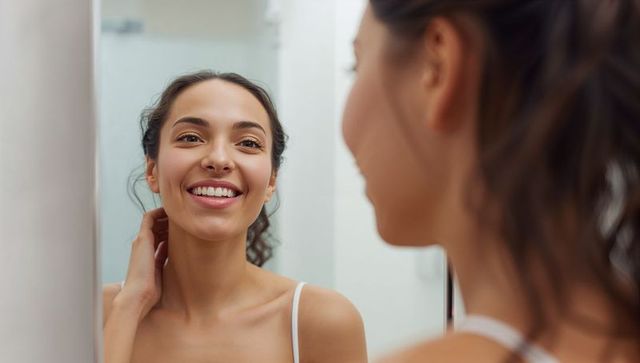 Smiling hispanic woman touching neck while gazing in mirror morning skincare routine