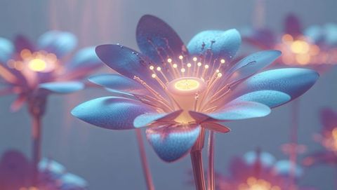Luminescent Fantasy Flower with Glowing Teal Blue Petals in Pastel Landscape