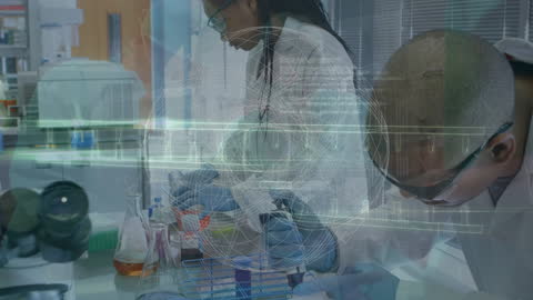 Scientist Team Analyzing Data with Digital DNA Overlay