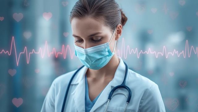 Focused doctor wearing mask reviews patient vitals in hospital