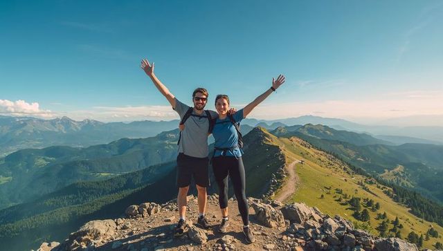 Happy Couple Celebrating on Mountain Summit Below Blue Sky