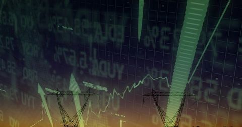 Power grid towers standing at dusk with rising market data overlay