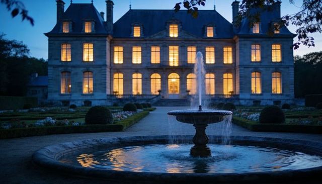 Dusk chateau with glowing windows and reflecting fountain in manicured formal garden